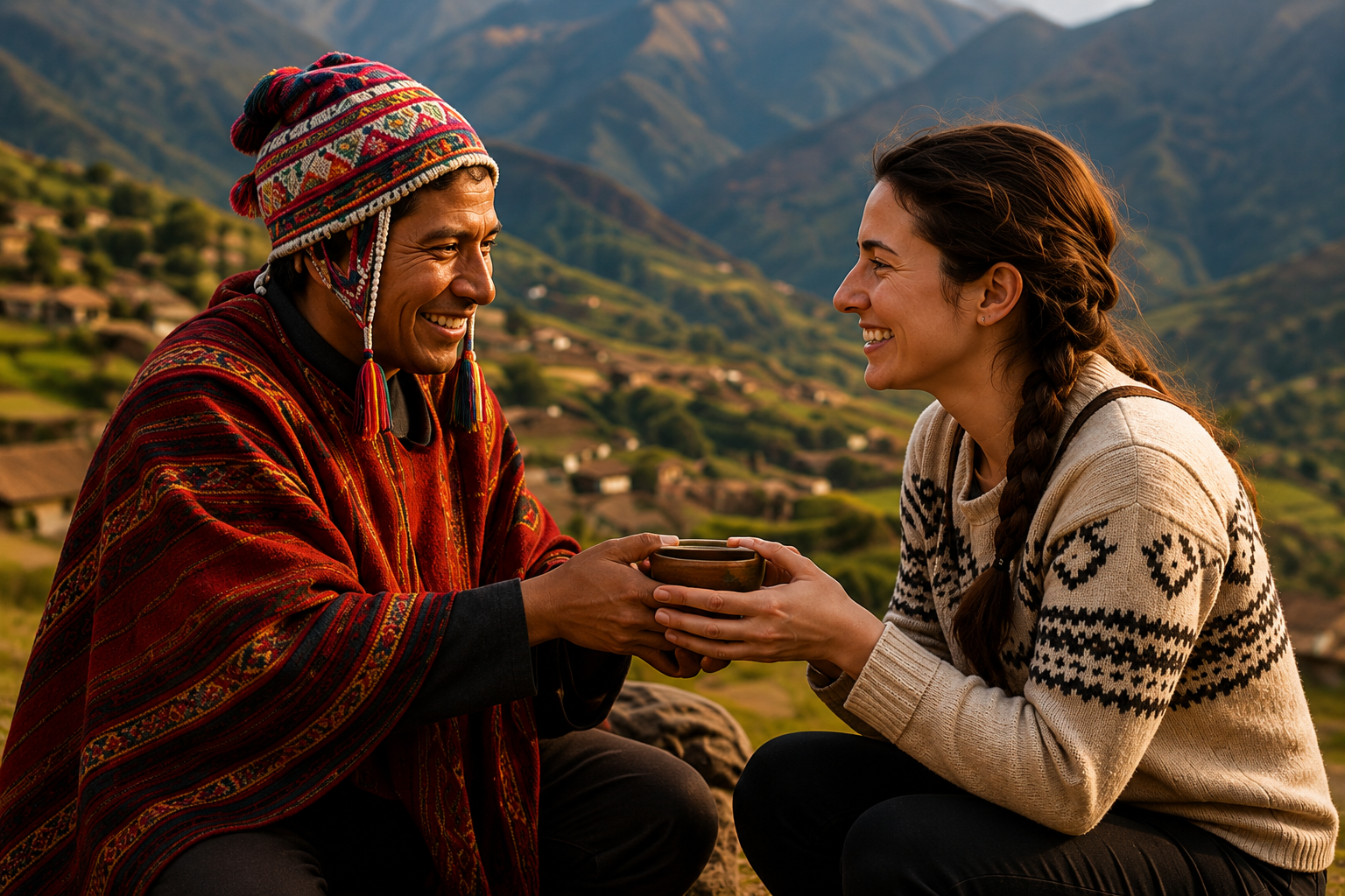 Local host and traveler sharing a meaningful moment in the Andean mountains