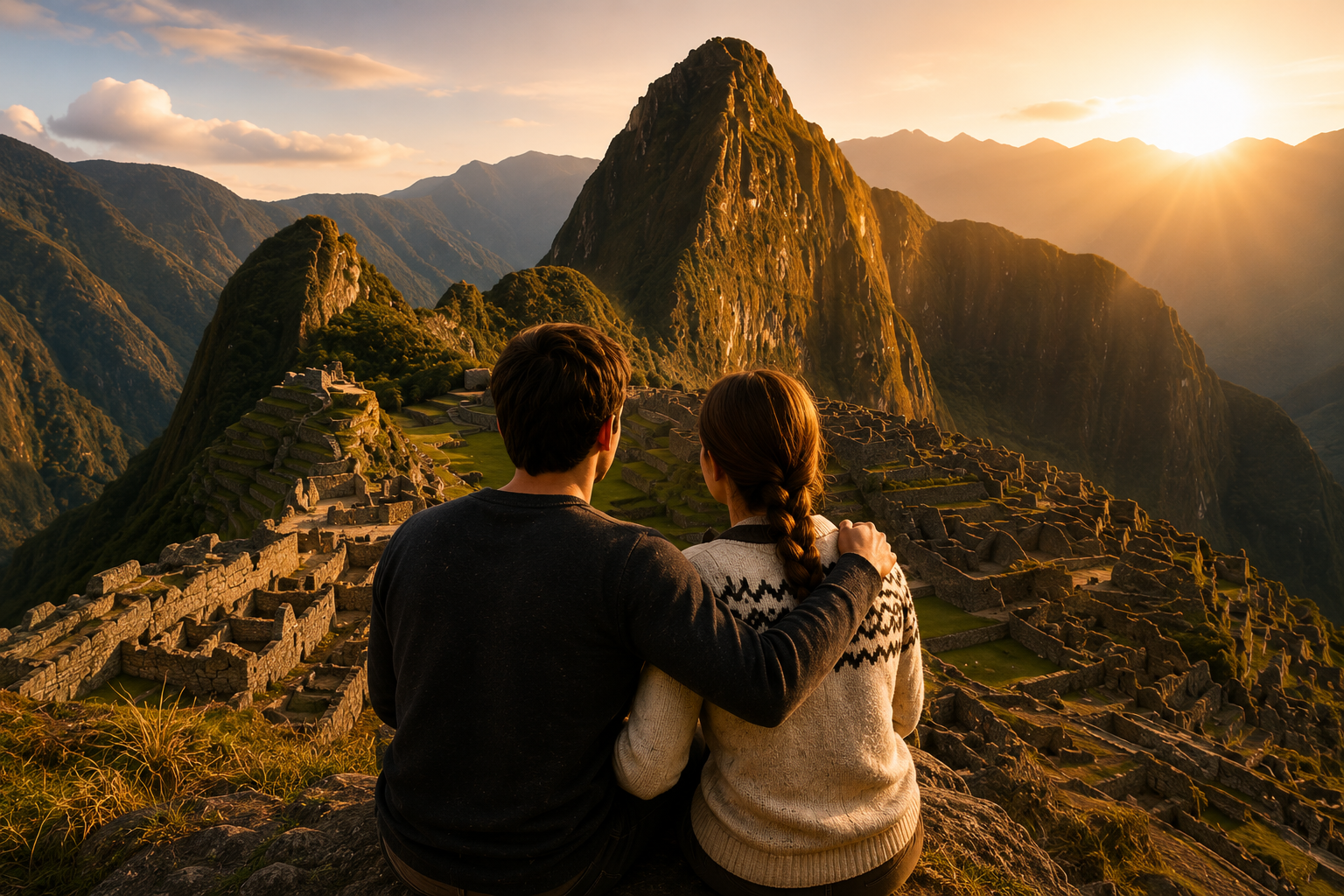 Travelers watching golden-hour light over the mountains